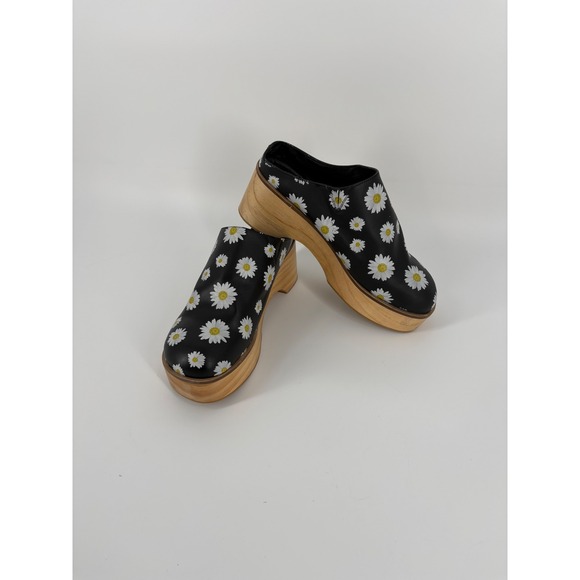 Free People Daisy Floral Leather Wooden Platform Clogs Mules Black Spain Size 41